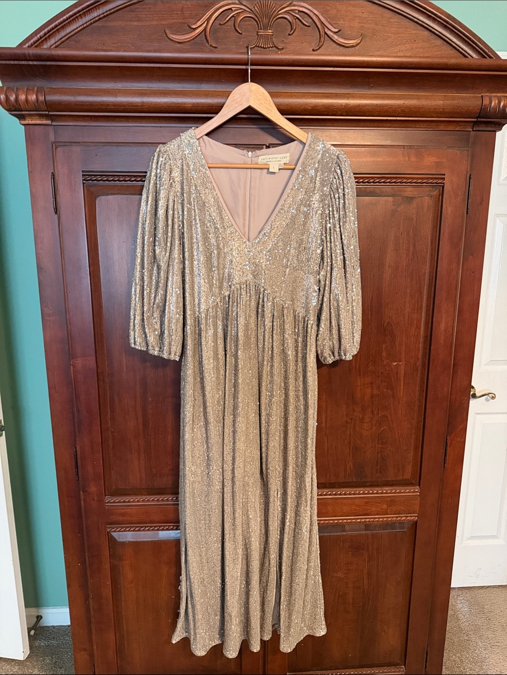 saltwater LUXE Gold Sequin V-Neck Maxi Dress with Puff Sleeves